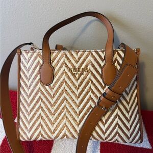 Guess Tan and Cream Chevron Satchel
